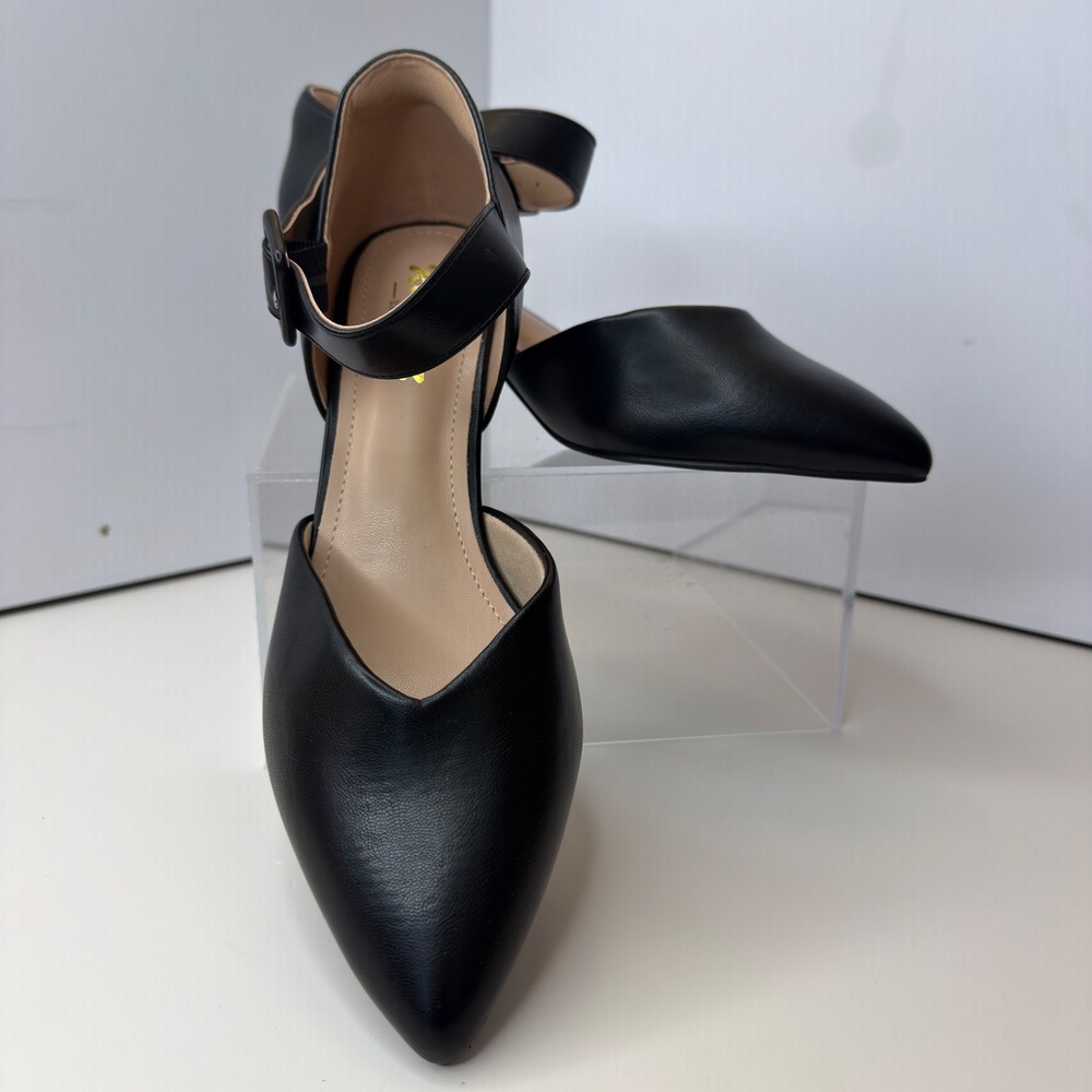 Ribongz Black Pointed Toe Ankle Strap d'Orsay Kitten Heel Pumps Womens Size 37.5
